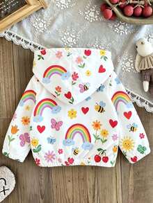 Young Girl Cartoon Print Warm Hooded Jacket - White - View 3