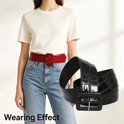1pc Red/Black Optional Women's Belt, Solid Color Casual PU Leather Crocodile Texture With Square Buckle, Spring/Summer/Autumn, Halloween Essential Item