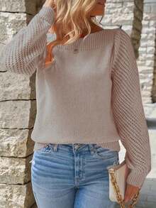 Women's Long Sleeve Fashion Casual Elegant Solid Color Hollow Out Pullover Round Neck Knit Sweater Top - Apricot - View 3