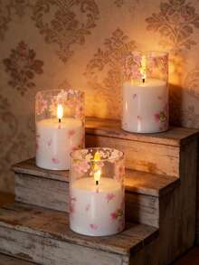 3pcs Flameless Candle Lights With Timer Remote Control, Battery Powered Cherry Blossom Warm Light, Suitable For Christmas, Halloween, Valentine's Day, Mother's Day, Gift, Birthday, Proposal, Wedding, Dining Table, Party - Cherry Blossoms - Warm Light - View 3