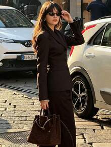 Fashionable Women's Lapel Blazer & Pleated Wide Leg Pants Set, Elegant Non-Stretch Fabric, Suitable For Autumn/Winter Office Wear, Solid Color - Chocolate Brown - View 5