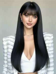 Wig Panjang Lurus Hitam 28 Inci dengan Poni untuk Wanita, Rambut Bervolume, Terurai Alami, Elegan dan Serbaguna, Cocok untuk Pemakaian Sehari-hari Wanita dan Berbagai Pesta serta Cosplay Halloween - hitam - View 4