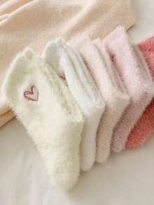 1/5 Pairs Autumn/Winter Plush Heart Socks, Elastic Breathable Daily Socks, Personalized Mid-Calf Socks, Suitable For Family Wear, Applicable For Sports, Home, Leisure And Commuting - Multicolor - View 2
