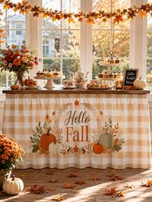 1PC Hello Fall Pumpkin Table Skirt, Cream Beige Farmhouse Polyester Ruffled Rectangular Table Cover With Autumn Wreath Maple Leaves Acorn & Orange Green Pumpkin Print, Seasonal Buffet Table Decor For Thanksgiving, Kitchen & Harvest Party - Multicolor - View 3