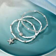 3pcs Fashion Summer Vacation Style Layered Starfish & Shell Pendant Necklace With Rice Bead Chain, Elegant And Unique For Women, Suitable For Beach Wear - Silver - View 3