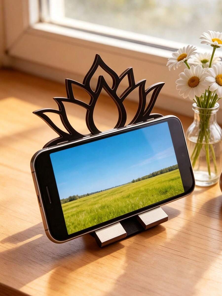 Exquisite Hollow Lotus Phone Stand, Natural Wood Color Aesthetic Display Rack, Ins Style 2D Vertical Phone Holder, Student Dorm Study Desk Kitchen Recipe Decoration, Gift - Multicolor - View 1