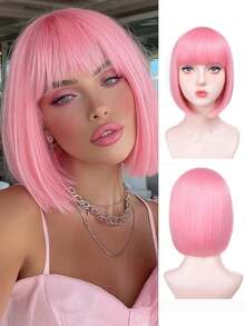 Short Straight Bob Synthetic Wigs Pink Hair Wig With Bangs For Women Cosplay Cute Wig Heat Resistant Fiber Halloween Wear - Multicolor - View 1