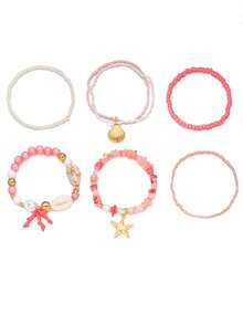 7pcs/Set Bohemian Beach Vacation Style Starfish Shell Coral Beaded Multi-Layer Stackable Bracelets - Pink - View 3