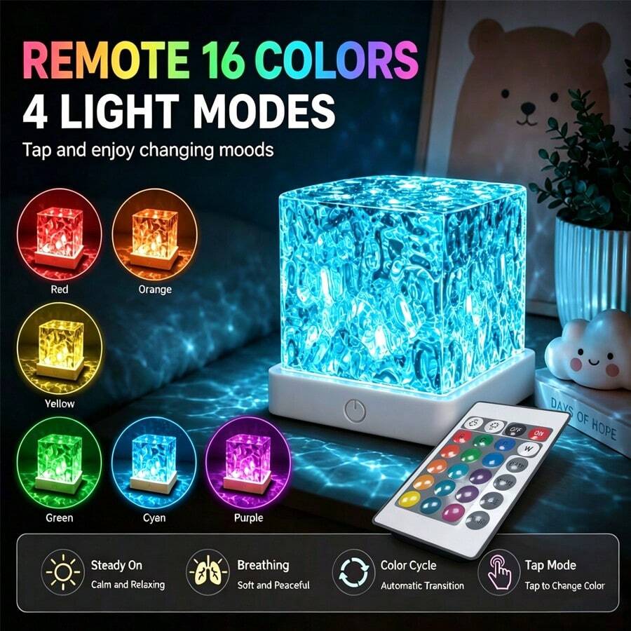 USB Powered Rainbow Aurora Water Ripple Projection Smart Light, Smart Rotating Multicolor Lighting Effect, Touch-Sensitive Color-Changing Ice Crystal Cube Ambient Lamp, Bedroom Bedside Desktop Decorative Night Light - Square Water Ripple - View 1