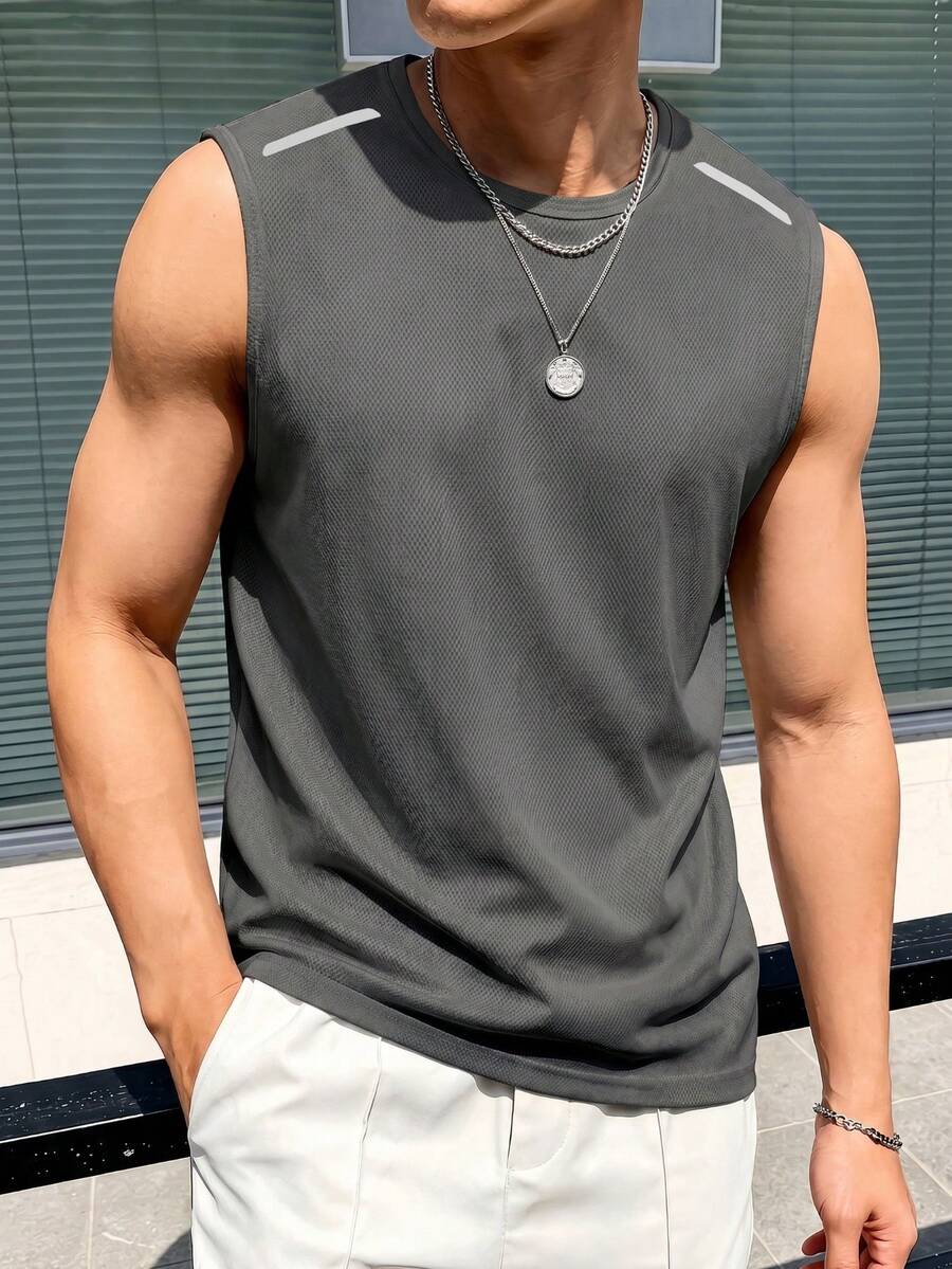 Men's Quick Dry Elastic Sleeveless Tank Top, Summer Pullover Reflective Print Running Fitness Solid Color Vest - Dark Grey - View 1