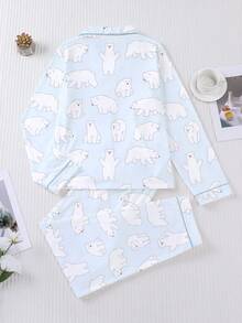 2pcs Women's Pajama Set, Polar Bear Print, Autumn/Winter Women's Loungewear, Long Sleeve Lapel Top And Pants, Can Be Worn Outdoors - Multicolor - View 2