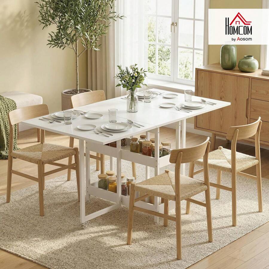 طاولة طعام قابلة للطي من HOMCOM ل- 2-4 أشخاص 133.4x80x75 سم أبيض ريفي | طاولة مطبخ، 2 رف مفتوح، طاولة طعام قابلة للطي، عجلات، للمساحات الصغيرة، غرفة الطعام، المطبخ - أبيض - مشاهدة 1