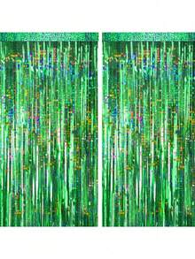 1/2件裝 綠色全息亮片箔流蘇簾，雷射亮片流蘇背景布，適用於嬰兒派對、生日派對裝飾用品 - 綠色 - 查看 4