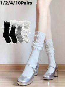 Women's White Lace Ruffle Drawstring Bow Calf Socks, Soft Skin-Friendly, Ballet Lolita JK Style Slouch Socks, Can Be Paired With Mary Jane Shoes - Multicolor - View 16