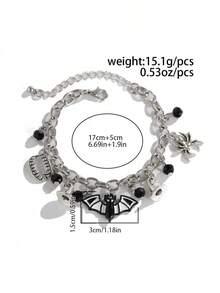 1 Peça Pulseira Estilo Punk Escuro para Halloween, Corrente Prateada Grossa com Morcego, Aranha, Presa, Chapéu de Bruxa, Pingentes Legais, Decorada com Acessórios de Cristal Preto Falso, Comprimento de Corrente Ajustável, Estilo Personalizado de Nicho, Adequado para Fantasia de Halloween, Uso Diário e Festa Temática, Cheio de Atmosfera - Prata - Visão 7