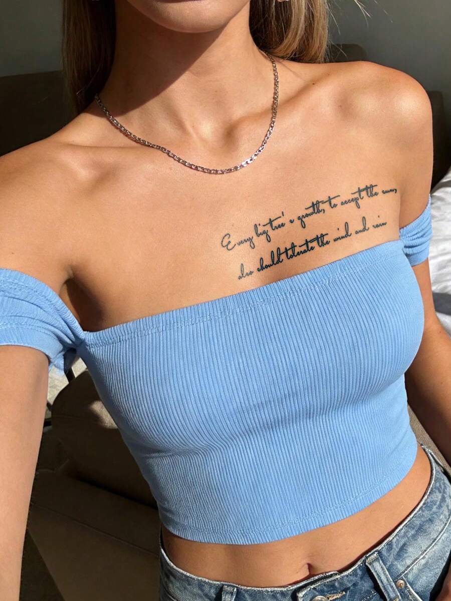 Herbal Juice Semi-Permanent Tattoo Sticker, Minimalist Healing Floral English Letter Pattern, 14 Days No Fading, Music Festival Party Gift, Temporary Tattoo Sticker For Chest, Back, Legs And Body, 1pc/Pack - Blue - View 1