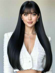 Wig Panjang Lurus Hitam 28 Inci dengan Poni untuk Wanita, Rambut Bervolume, Terurai Alami, Elegan dan Serbaguna, Cocok untuk Pemakaian Sehari-hari Wanita dan Berbagai Pesta serta Cosplay Halloween - hitam - View 7