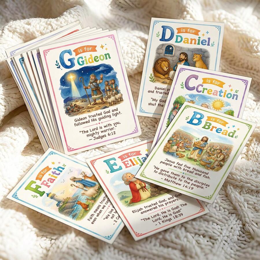 26pcs Bible Alphabet Flash Cards - A To Z Scripture Memory Cards With Bible Characters Verses & Stories, Christian Bible Verse Learning Cards, Religious Gift For Friends And Family - A - View 1