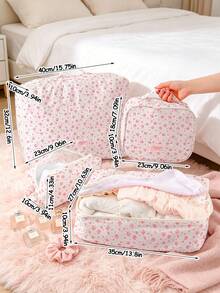 1pc/Set Pink Floral Print 4pcs Travel Luggage Organizer Set, Zippered Clothing Storage Bags, Portable Suitcase Organizer, Multi-Size Storage - Pink - View 10