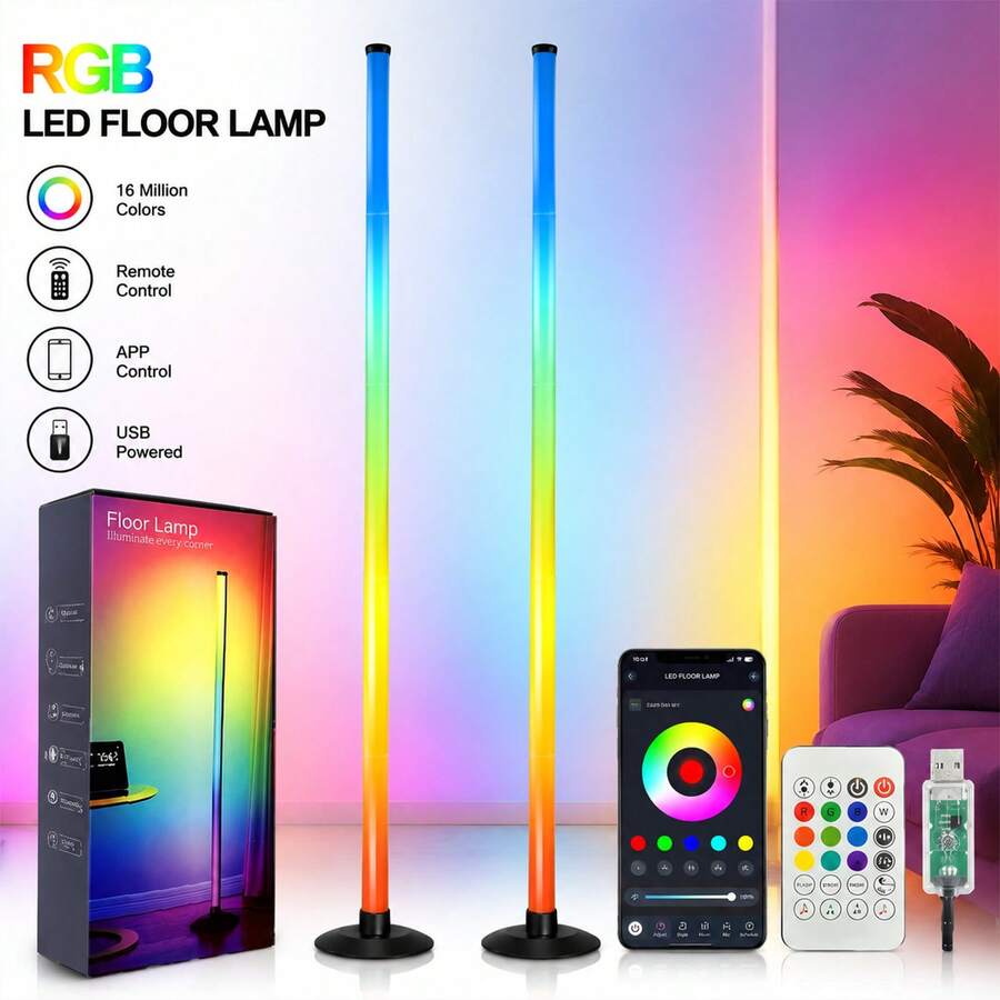 2pcs RGB LED Floor Corner Lights, APP Remote Control, Music Sync, Color Changing & Dimmable, Suitable For Computer Gaming Setup And Room Decor, Halloween And Christmas Gifts!