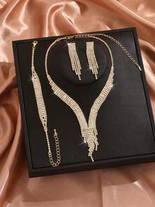 Juego de Joyería de 3 Piezas con Flecos de Strass Multicapa Dorado | Collar con Colgante en Forma de V, Pendientes Largos con Flecos y Pulsera, Adecuado para Boda Nupcial, Baile y Fiesta de Noche - Dorado - Ver 3