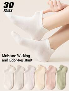 5/6/20/30 Pairs Women's Mesh Breathable Cotton Socks, Moisture-Wicking Anti-Odor Thin Ribbed Low-Cut Invisible Socks, Casual Everyday Socks - Multicolor - View 17