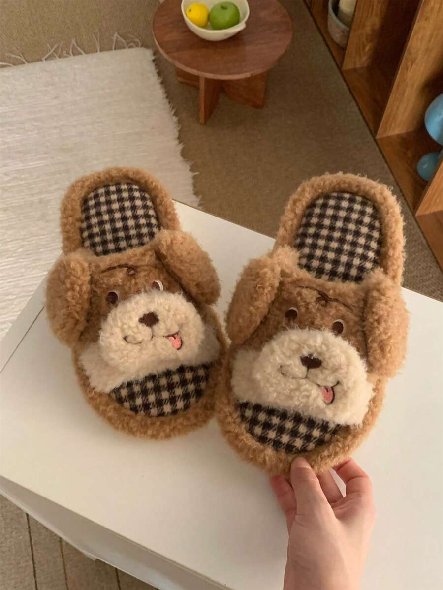XIXITIAO Cute Plaid Base Dog Slippers, Lightweight Soft‑Soled Home Slippers, Adorable Dog Couple Slippers For Indoor Use