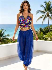 Belly Dance V Neck Colorful Sequin Tassel Crop Top Gold Dotted Mesh Harem Jogger Pants Exotic Dance Performance Costume - Multicolor - View 16