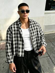 WAIT HIM 男士休闲方格短袖衬衫 - 黑與白 - 查看 3