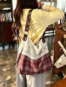 2026夏季新款森系復古蕾絲花卉格紋拼接布料女款百搭單肩手提包通勤包 - 酒紅色 - 查看 3