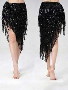 1pc Belly Dance Waist Chain, Practice Outfit Waist Scarf, Tassel Sequin Triangle Scarf, Versatile Waist Belt For Dance Beginners - Ten-line Towel - View 1