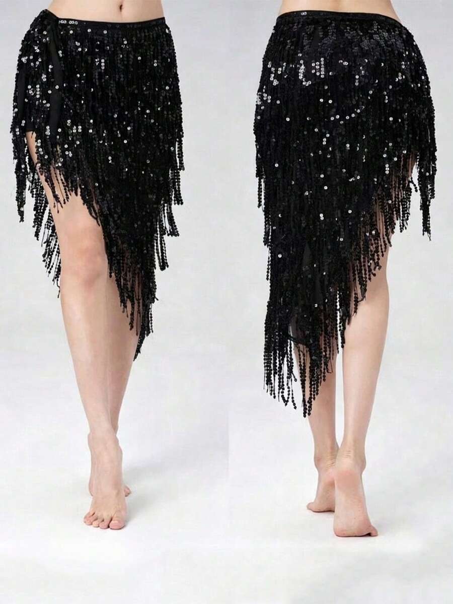 1pc Belly Dance Waist Chain, Practice Outfit Waist Scarf, Tassel Sequin Triangle Scarf, Versatile Waist Belt For Dance Beginners - Ten-line Towel - View 1
