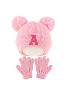 3pcs/Set Girls Winter Hat & Gloves Set, Suitable For 3-8 Years Old, A-Z Letter Knitted Knitted Hat With Pom Pom Ears, Elastic Warm Matching Gloves, Suitable For Cold Weather - Pink - View 5