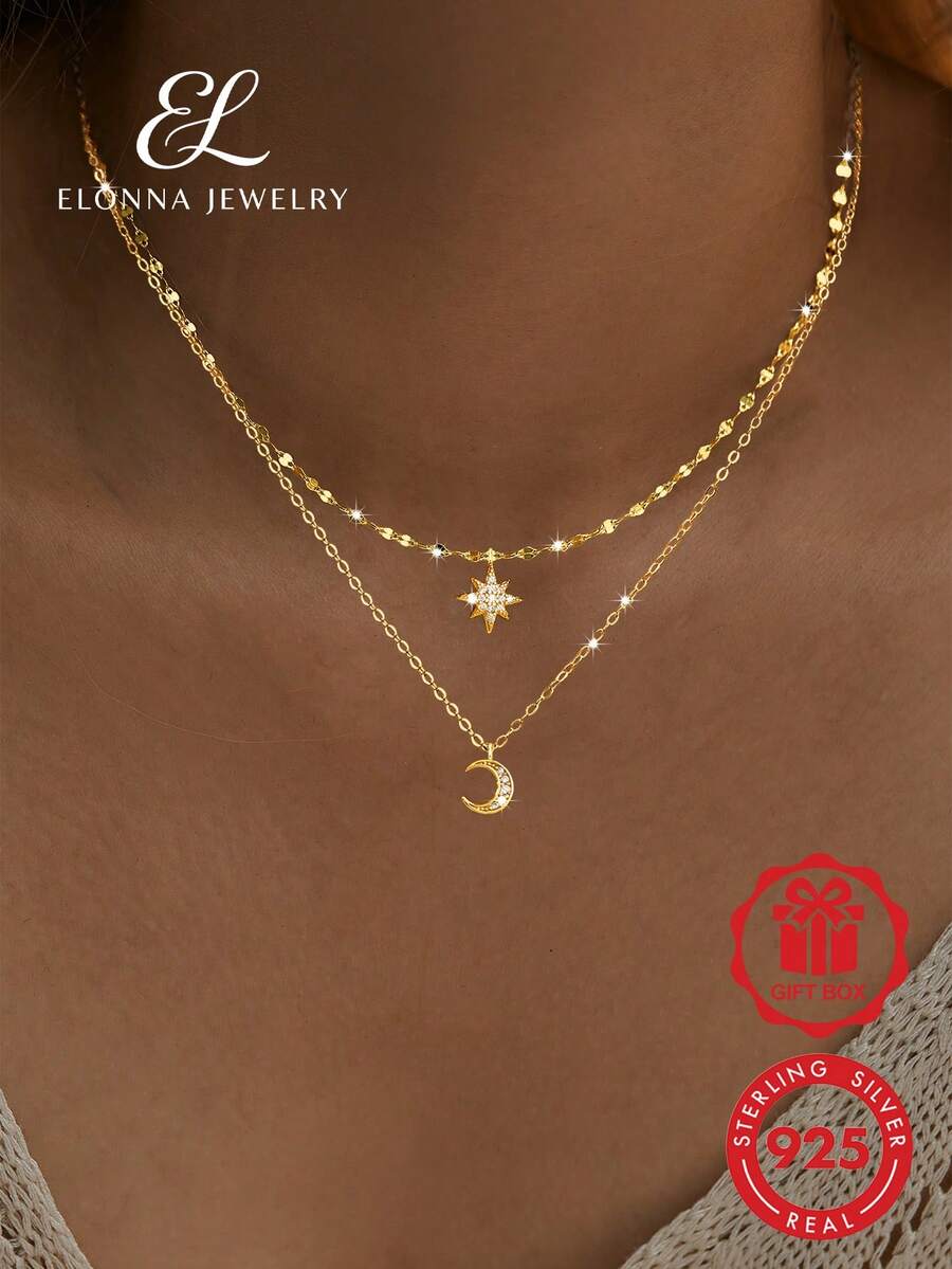 SYMFNY 1pc 925 Sterling Silver Necklace, Double Layer Zirconia Star & Moon Pendant, Elegant Fashion Jewelry Gift - Yellow Gold - View 1