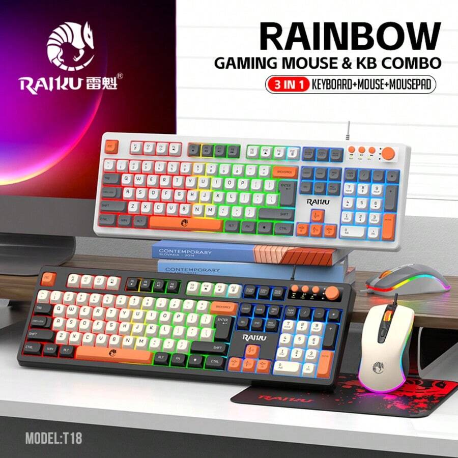 RAIKU T18 3-In-1 Color Block Gaming Keyboard And Mouse Set With Backlit Keys, Volume Knob, 104-Key Wired Keyboard, Multi-Color Block Keyboard, 3-Button Backlit Mouse, Includes Mouse Pad - View 1