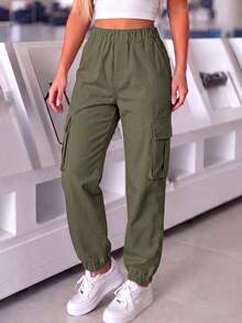 1 buah Celana Jogger Kasual Lurus untuk Remaja Perempuan dengan Saku, Musim Semi/Gugur/Dingin, Pakaian Olahraga - Hijau Tentara - View 2