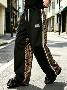 Men's Fashion Loose Patchwork Webbing Leopard Print Long Pants, Minimalist Fashion Casual Pants, Minimalist Fashion, Casual, Versatile Choice - Multicolor - View 2
