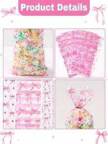 Pink Bow Clear Cellophane Candy Bags, Plastic Treat Goodie Gift Bags For Birthday Party Favors Supplies - Bow-tie Style - View 12