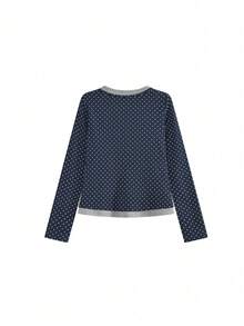 Women's 2 In 1 Polka Dot Colorblock Long Sleeve T-Shirt, Spring Niche Design Slim Fit Base Layer Top - Navy - View 2