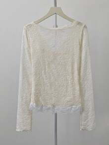 Sexy Style Lace Hollow Patchwork Bow T-Shirt Women Autumn/Winter Inner Layer Base Top Sexy Girl - Apricot - View 9