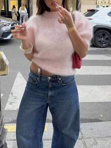 Elegant Women's Pink Fuzzy Knit Top, Short Puff Sleeves, Mock Neck, Soft Textured Sweater, Regular Length, Casual Fall Outfit For Women - Pink - View 8
