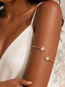 STONEFANS 1pc Women's Gold-Tone Double Starburst Rhinestone Upper Arm Cuff, Adjustable Open Armlet Bracelet For Wedding, Prom, Party & Festival - Gold - View 1