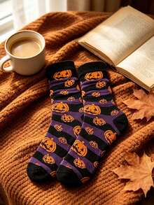 Halloween Skeleton Pumpkin Cartoon Print Casual Socks For Men And Women-Moisture-Wicking Mid-Calf Socks - Multicolor - View 5