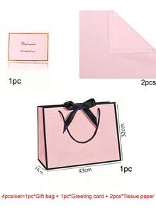 4pcs Pink Gift Bag Set, Includes 1 Gift Bag, 2 Sheets Of Tissue Paper And 1 Card With Ribbon; This Exquisite Paper Handle Bag Decorated With Bows Is Suitable For Weddings, Christmas, Thanksgiving, New Year, Birthday, Valentine's Day (Such As Bridesmaid Or Best Friend Gathering Gifts) And Other Occasions. - Multicolor - View 13