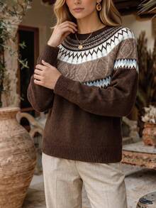 NiceArt Women's Round Neck Fair Isle Pattern Knit Sweater, Long Sleeve Colorblock Cable Knit Casual Pullover - Brown - View 6