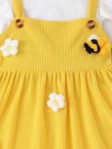 Early Autumn Girls 2 Pieces Set Ribbed Flutter Sleeve Long Sleeve Undershirt + Corduroy Overall Dress With 3D Flower & Bee Design Baby Outfit - Yellow - View 7