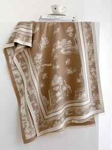 1pc Retro Scenic Wildlife Building Print 65*185cm Rectangle Scarf, Thick Faux Cashmere Brushed Polyester, Winter Shawl For Travel Party Daily Outing - Multicolor - View 11