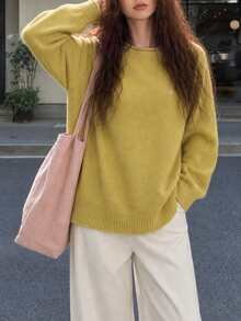 女款秋冬休閒極簡優雅溫柔百搭圓領套頭毛衣 - 黃色 - 查看 1
