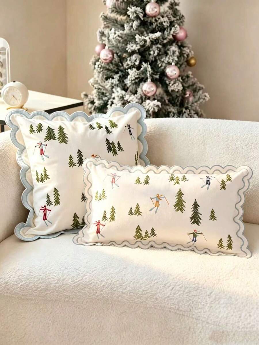 LCUHPCL 1 st höst/vinter juldekoration med vågig kant, 3D-broderi med skidåkning och gran, heminredning lämplig för soffa, vardagsrum, sovrum och olika miljöer