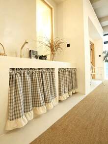 1pc American Style Half Curtain Deep Blue Line Plaid Ruffle Edge Vintage Country Door Curtain Short Kitchen Curtain - Multicolor - View 1